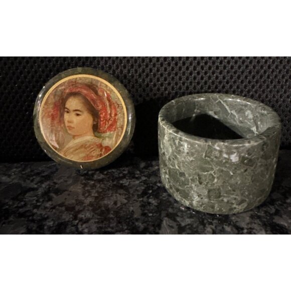 Vintage Green Marble Trinket Box With Painted Portrait Lid Small Round Stone Con - Picture 1 of 7
